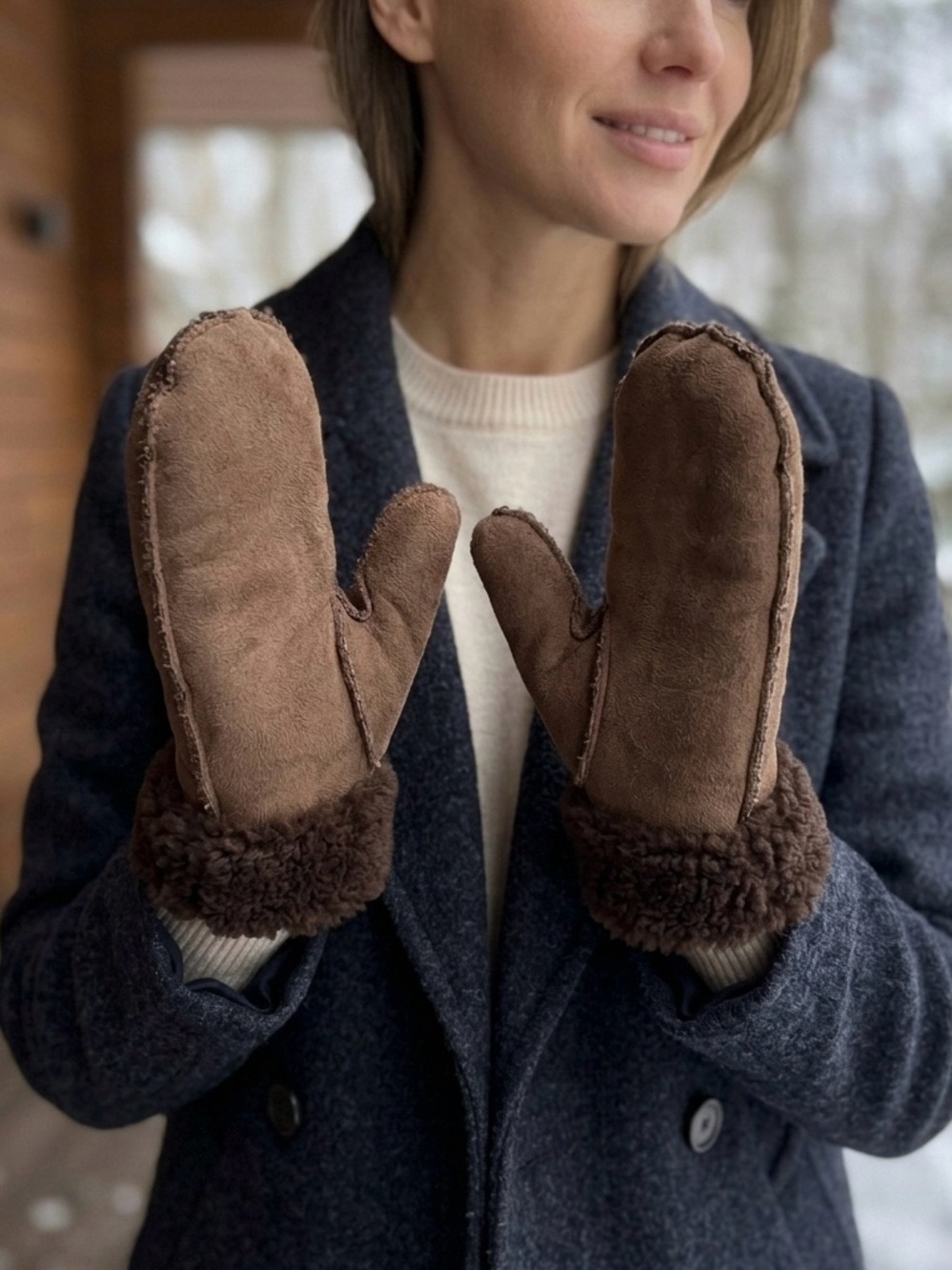 Handmade Genuine Brown Shearling Sheepskin Mittens Cozy Fur Cuff M